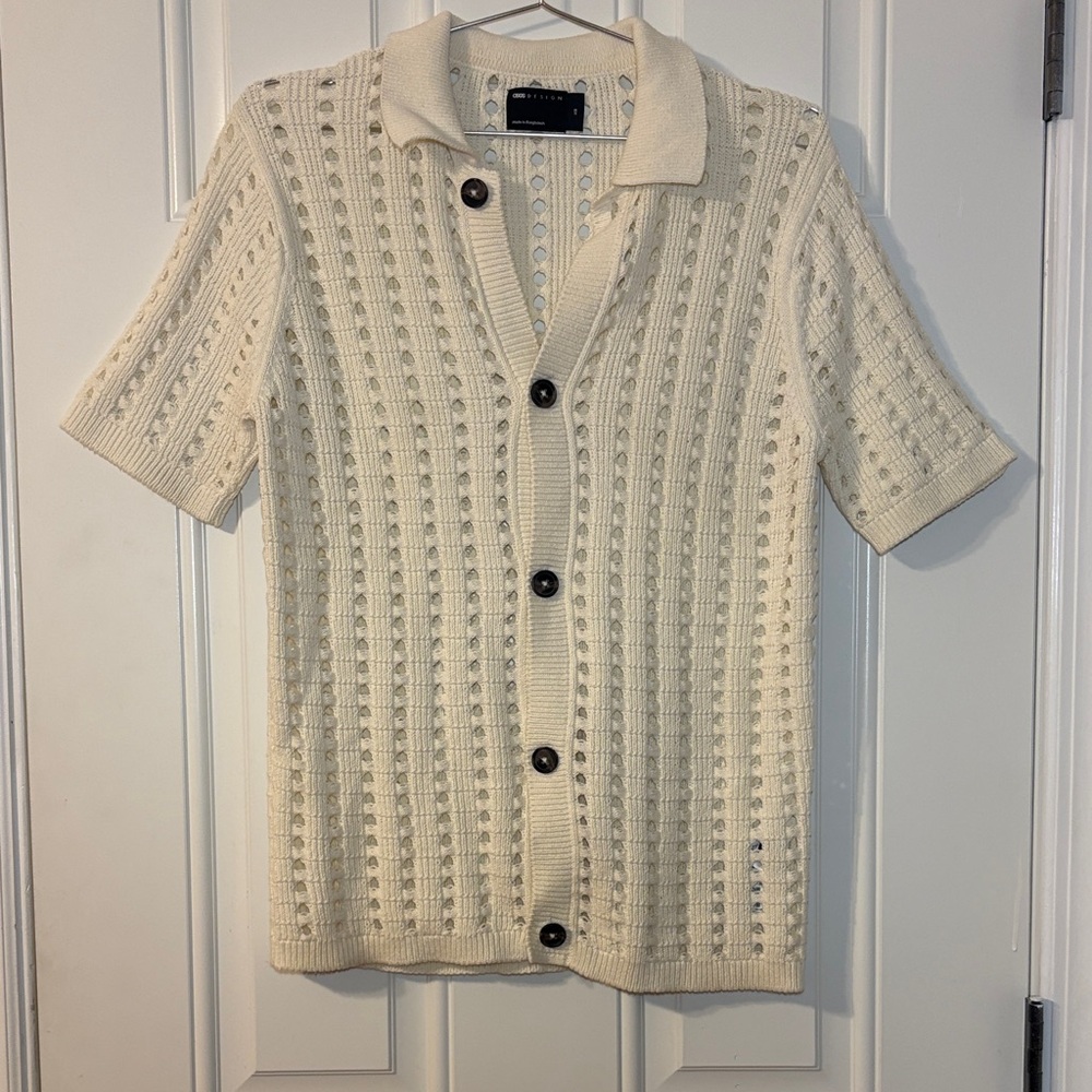 ASOS Cream Short Sleeve Knit Button-Up Polo